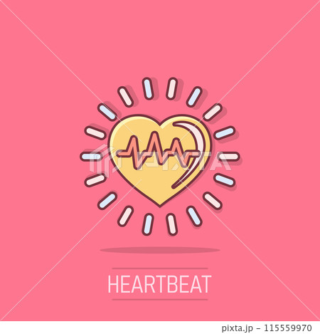 Arterial blood pressure icon in comic style. Heartbeat monitor cartoon vector illustration on isolated background. Pulse diagnosis splash effect sign business concept. 115559970