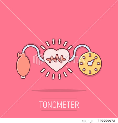 Arterial blood pressure icon in comic style. Heartbeat monitor cartoon vector illustration on isolated background. Pulse diagnosis splash effect sign business concept. 115559978