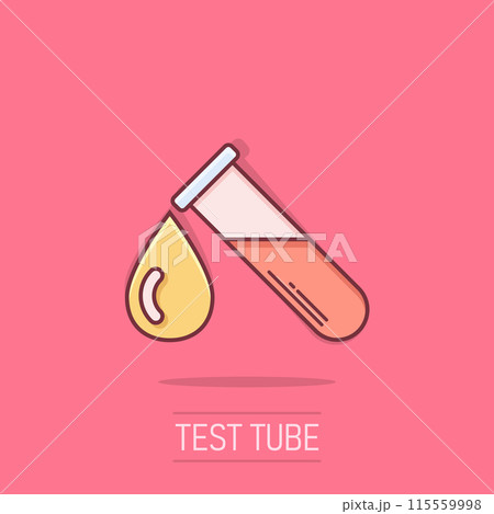 Blood in test tube icon in comic style. Laboratory flask cartoon vector illustration on isolated background. Liquid in beaker splash effect sign business concept. Blood in test tube icon in comic style. Laboratory flask cartoon vector illustration on isolated background. Liquid in beaker splash effect sign business concept. 115559998