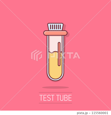 Blood in test tube icon in comic style. Laboratory flask cartoon vector illustration on isolated background. Liquid in beaker splash effect sign business concept. 115560001