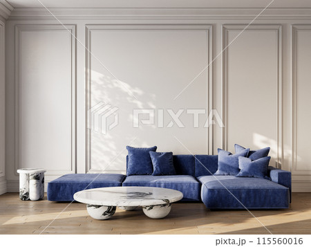 Contemporary classic white interior with blue velour sofa, marble coffee tables and moldings. 3d render illustration mockup. 115560016