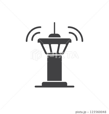 Flight control tower icon in flat style. Navigation monitor vector illustration on isolated background. Airport building sign business concept. 115560048
