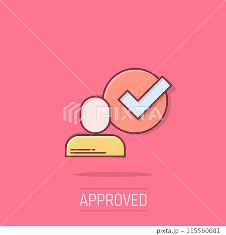 Organization management icon in comic style. People with check mark cartoon vector illustration on isolated background. Businessman splash effect business concept. 115560081