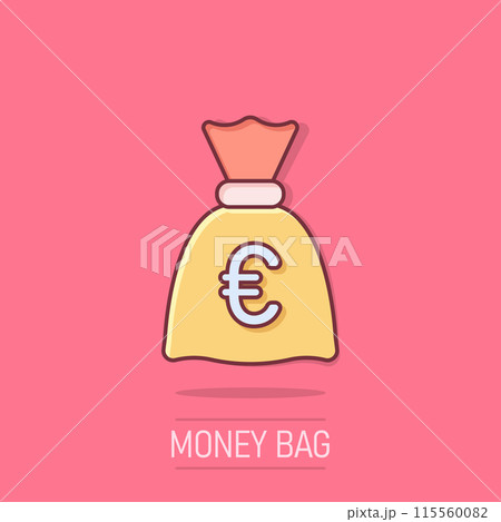 Money bag icon in comic style. Moneybag cartoon vector illustration on isolated background. Coin sack splash effect sign business concept. 115560082