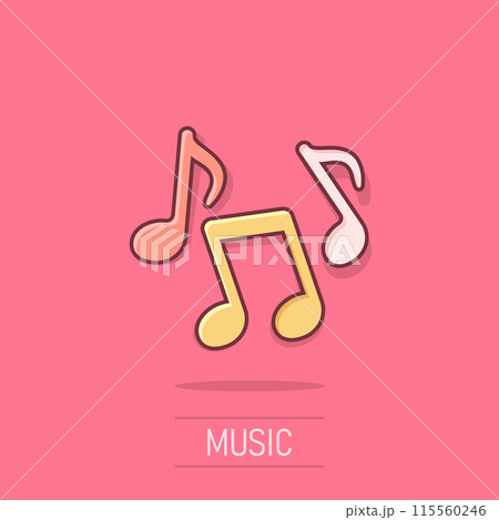 Music note icon in comic style. Song cartoon vector illustration on isolated background. Musician splash effect sign business concept. 115560246