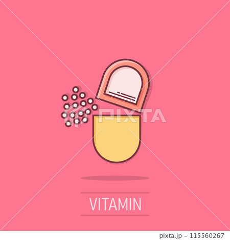 Vitamin pill note icon in comic style. Capsule cartoon vector illustration on isolated background. Antibiotic splash effect sign business concept. 115560267