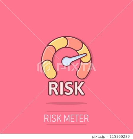 Risk meter icon in comic style. Rating indicator cartoon vector illustration on isolated background. Fuel level sign splash effect business concept. 115560289