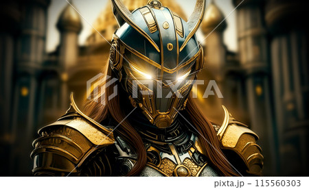 Sci-fi Robot Female Knight Soldier with Horns and Armor - Generative Ai 115560303