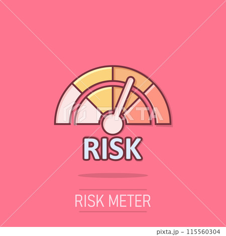 Risk meter icon in comic style. Rating indicator cartoon vector illustration on isolated background. Fuel level sign splash effect business concept. 115560304