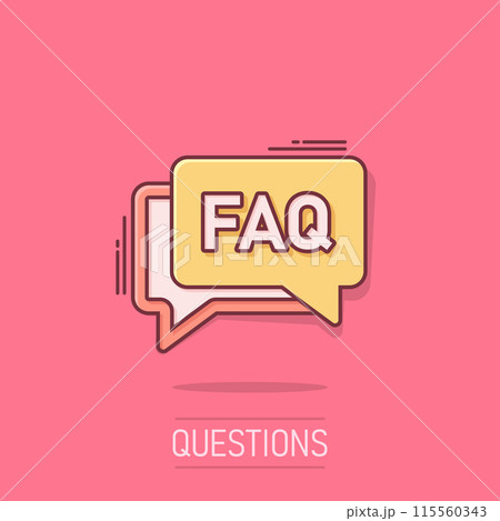 Faq speech bubble icon in comic style. Question cartoon vector illustration on isolated background. Communication splash effect sign business concept. 115560343