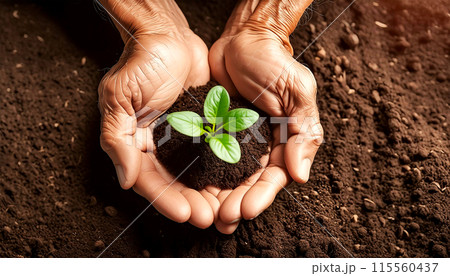 Top View of Farmer wrinkled Hands Protecting a Young Plant Above the Ground - Generative Ai 115560437