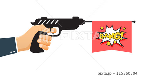 Hand holding pistol gun with bang text icon in flat style. Firearm symbol vector illustration on isolated background. Rifle ammo sign business concept. Hand holding pistol gun with bang text icon in flat style. Firearm symbol vector illustration on isolated background. Rifle ammo sign business concept. 115560504