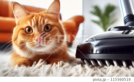 Vacuum Cleaner and a Ginger Cat on a White Carpet in a Living Room - Generative Ai 115560519