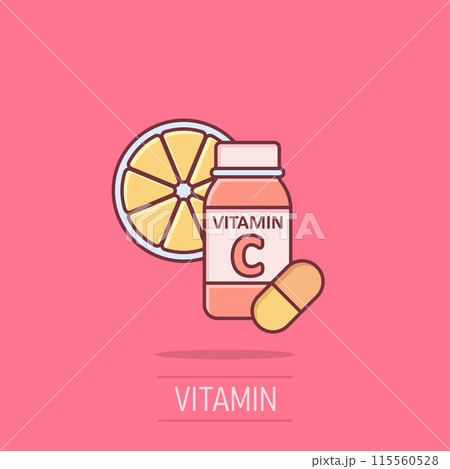 Vitamin C icon in comic style. Bottle with pill cartoon vector illustration on isolated background. Pharmacy sign business concept splash effect. 115560528