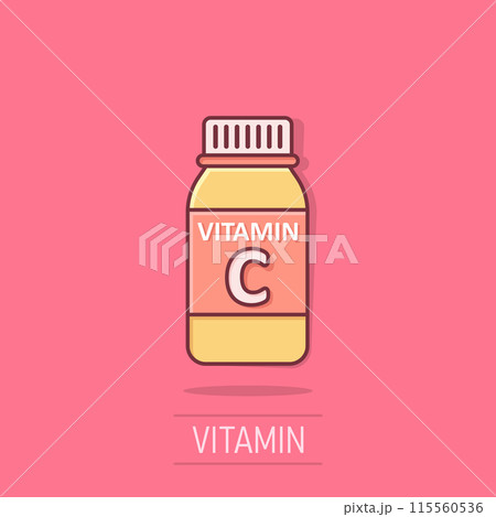 Vitamin C icon in comic style. Bottle with pill cartoon vector illustration on isolated background. Pharmacy sign business concept splash effect. 115560536