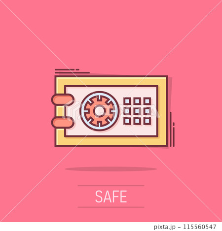 Safe money icon in comic style. Strongbox cartoon vector illustration on isolated background. Finance security splash effect business concept. Safe money icon in comic style. Strongbox cartoon vector illustration on isolated background. Finance security splash effect business concept. 115560547