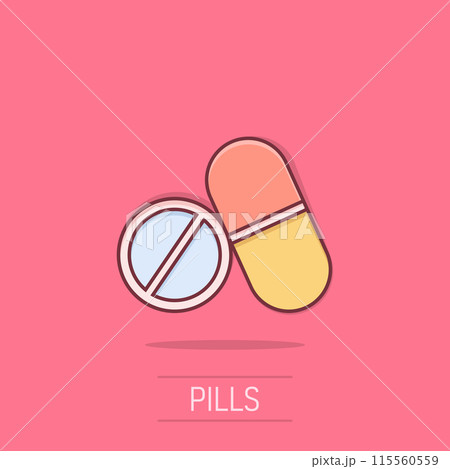 Pill icon in comic style. Medical capsules cartoon vector illustration on isolated background. Pharmacy sign business concept splash effect. Pill icon in comic style. Medical capsules cartoon vector illustration on isolated background. Pharmacy sign business concept splash effect. 115560559