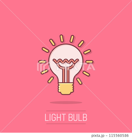 Light bulb icon in comic style. Lamp cartoon vector illustration on isolated background. Idea, solution, thinking sign business concept splash effect. Light bulb icon in comic style. Lamp cartoon vector illustration on isolated background. Idea, solution, thinking sign business concept splash effect. 115560586
