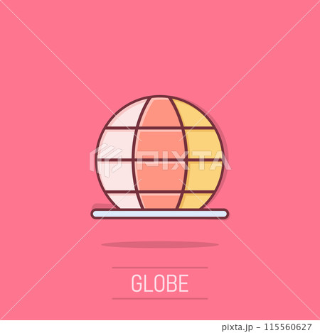 Earth planet icon in comic style. Globe geographic cartoon vector illustration on isolated background. Global communication splash effect business concept. 115560627