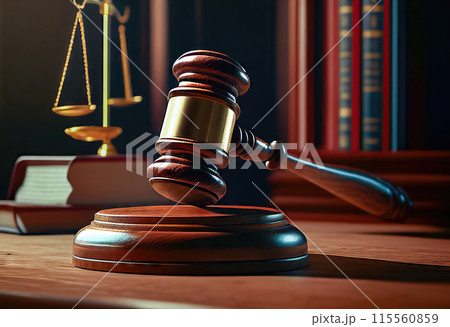 Justice Served: Judge's Gavel and Scales of Justice in Courtroom - Generative AI 115560859