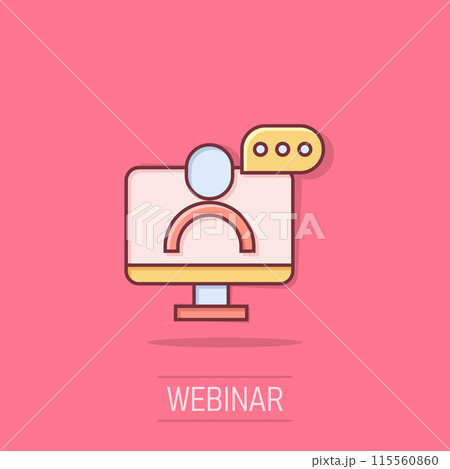 Live webinar icon in comic style. Online training cartoon vector illustration on isolated background. Conference stream splash effect sign business concept. 115560860