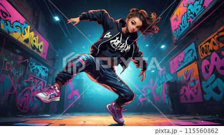 Girl in loose fashionable clothes dancing hip hop 115560862