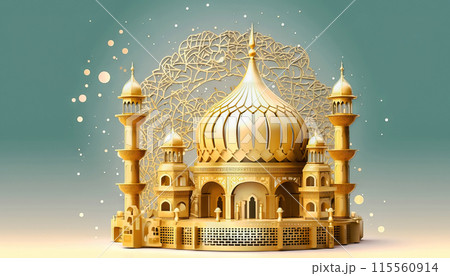 Gleaming Mosque and Temple: Muslim Festive Ambiance - Generative AI 115560914