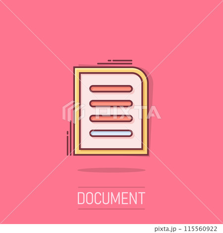 Contract document icon in comic style. Report folder stamp cartoon vector illustration on isolated background. Paper sheet splash effect sign business concept. 115560922