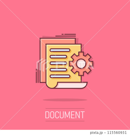 Document with gear icon in comic style. Big data processing cartoon vector illustration on isolated background. Paper sheet software solution splash effect business concept. 115560931