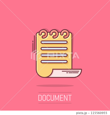 Document book icon in comic style. Paper sheet cartoon vector illustration on isolated background. Notepad document splash effect business concept. 115560955