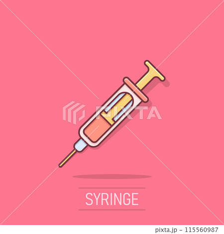 Syringe icon in comic style. Coronavirus vaccine inject cartoon vector illustration on isolated background. Covid-19 vaccination splash effect sign business concept. 115560987