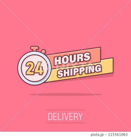 Shipping 24 hours icon in comic style. Delivery countdown cartoon vector illustration on isolated background. Quick service time splash effect sign business concept. Shipping 24 hours icon in comic style. Delivery countdown cartoon vector illustration on isolated background. Quick service time splash effect sign business concept. 115561063