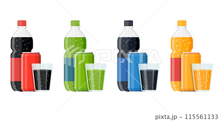 Soda drink icons set in flat style. Plastic bottle and glass vector illustration on isolated background. Water beverage sign business concept. Soda drink icons set in flat style. Plastic bottle and glass vector illustration on isolated background. Water beverage sign business concept. 115561133