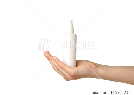 Woman holding sanitazer spray isolated on a white background. Covid 19 115561290