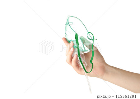 Woman holding oxygen mask isolated on white background 115561291