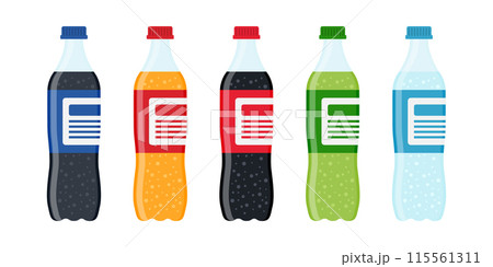 Soda drink icons set in flat style. Plastic bottle vector illustration on isolated background. Water beverage sign business concept. 115561311