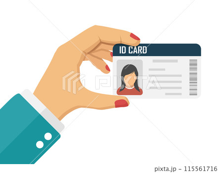 Hand holding driver license icon in flat style. Identification document vector illustration on isolated background. Profile card sign business concept. 115561716