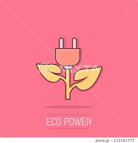 Eco power icon in comic style. Green energy cartoon vector illustration on isolated background. Nature cable splash effect business concept. Eco power icon in comic style. Green energy cartoon vector illustration on isolated background. Nature cable splash effect business concept. 115561775