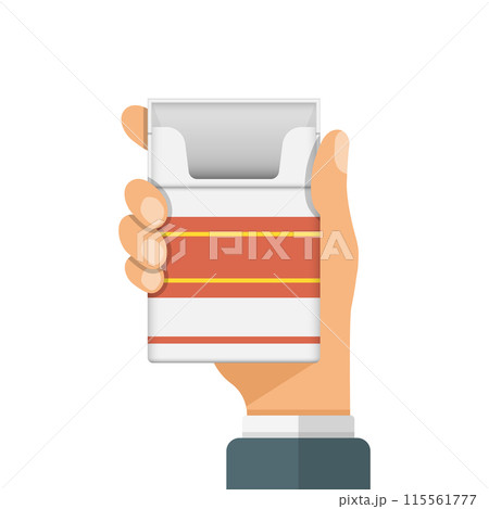 Hand holding packet of cigarettes icon in flat style. Smoking vector illustration on isolated background. Tobacco box sign business concept. Hand holding packet of cigarettes icon in flat style. Smoking vector illustration on isolated background. Tobacco box sign business concept. 115561777