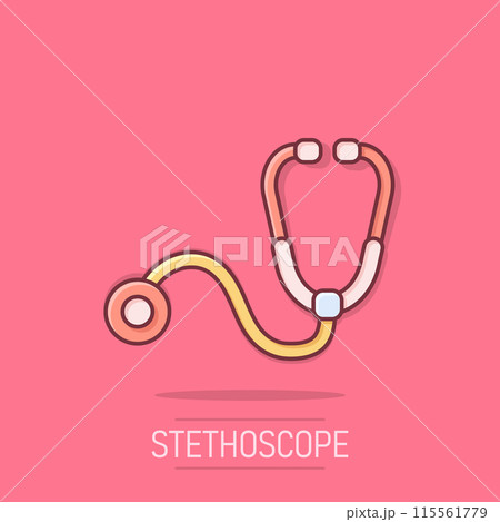 Stethoscope icon in comic style. Heart diagnostic cartoon vector illustration on isolated background. Medicine splash effect sign business concept. Stethoscope icon in comic style. Heart diagnostic cartoon vector illustration on isolated background. Medicine splash effect sign business concept. 115561779