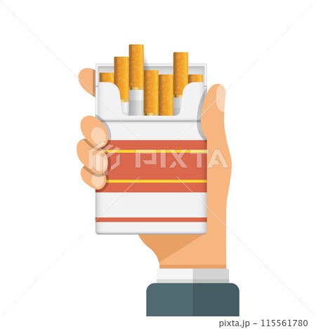Hand holding packet of cigarettes icon in flat style. Smoking vector illustration on isolated background. Tobacco box sign business concept. Hand holding packet of cigarettes icon in flat style. Smoking vector illustration on isolated background. Tobacco box sign business concept. 115561780