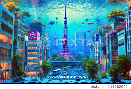 鮮やかな海に水没した東京風の都市のイラスト素材 [115562042] - PIXTA