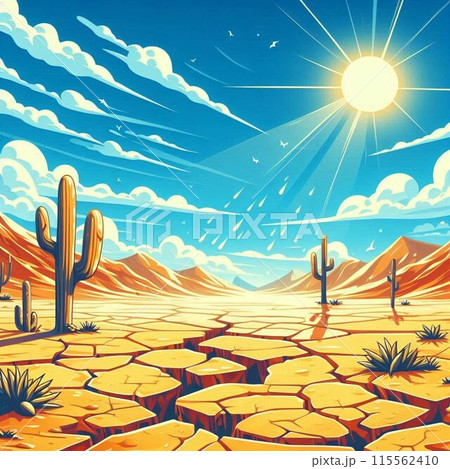 太陽に照らされた砂漠の地割れ 115562410