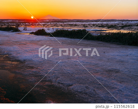 早春のサロベツ原生花園から利尻山の脇に沈む太陽を臨む 115562618