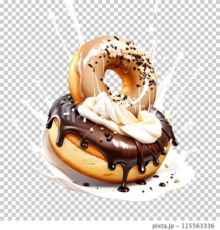 Donuts in dark and white chocolate with splashes isolated on a transparent background 115563336