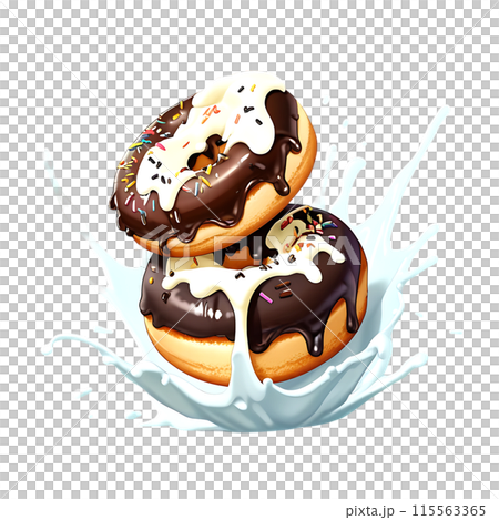 Donuts in dark and white chocolate with splashes isolated on a transparent background Donuts in dark and white chocolate with splashes isolated on a transparent background 115563365