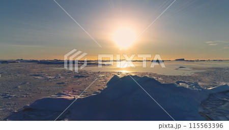 Bright sunset Antarctica winter landscape. Sun reflected in frozen ocean surface. Ice floating polar water. Breathtaking journey over wild Arctic seascape. Global warming climate change. Drone shot 115563396