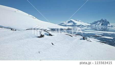 Antarctica majestic winter landscape aerial view. Fly over snow-covered hill penguin colony, frozen ice ocean and towering mountain range in background. Travel to South Pole. Explore polar wildlife 115563415