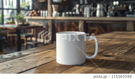 Blank mock-up cup in cafe. Empty space for product template. Coffee mug on table in restaurant 115563599