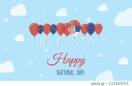 Serbia Independence Day Sparkling Patriotic Poster. Row of Balloons in Colors of the Serbian Flag. Greeting Card with National Flags, Blue Skyes and Clouds. Serbia Independence Day Sparkling Patriotic Poster. Row of Balloons in Colors of the Serbian Flag. Greeting Card with National Flags, Blue Skyes and Clouds. 115563751